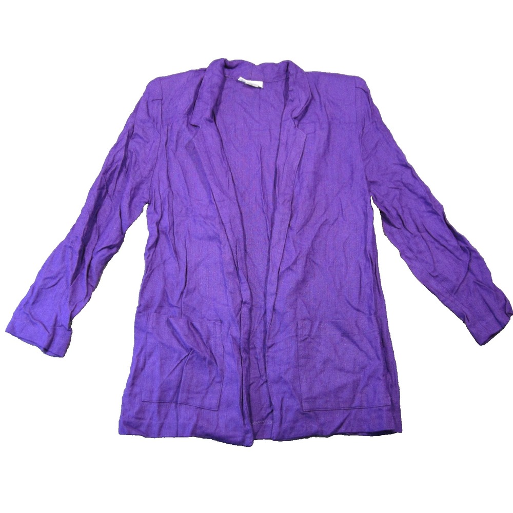 Vtg Rumours Blazer Womens M Purple Flax Shoulder Pads Open Front Retro Glam 80s